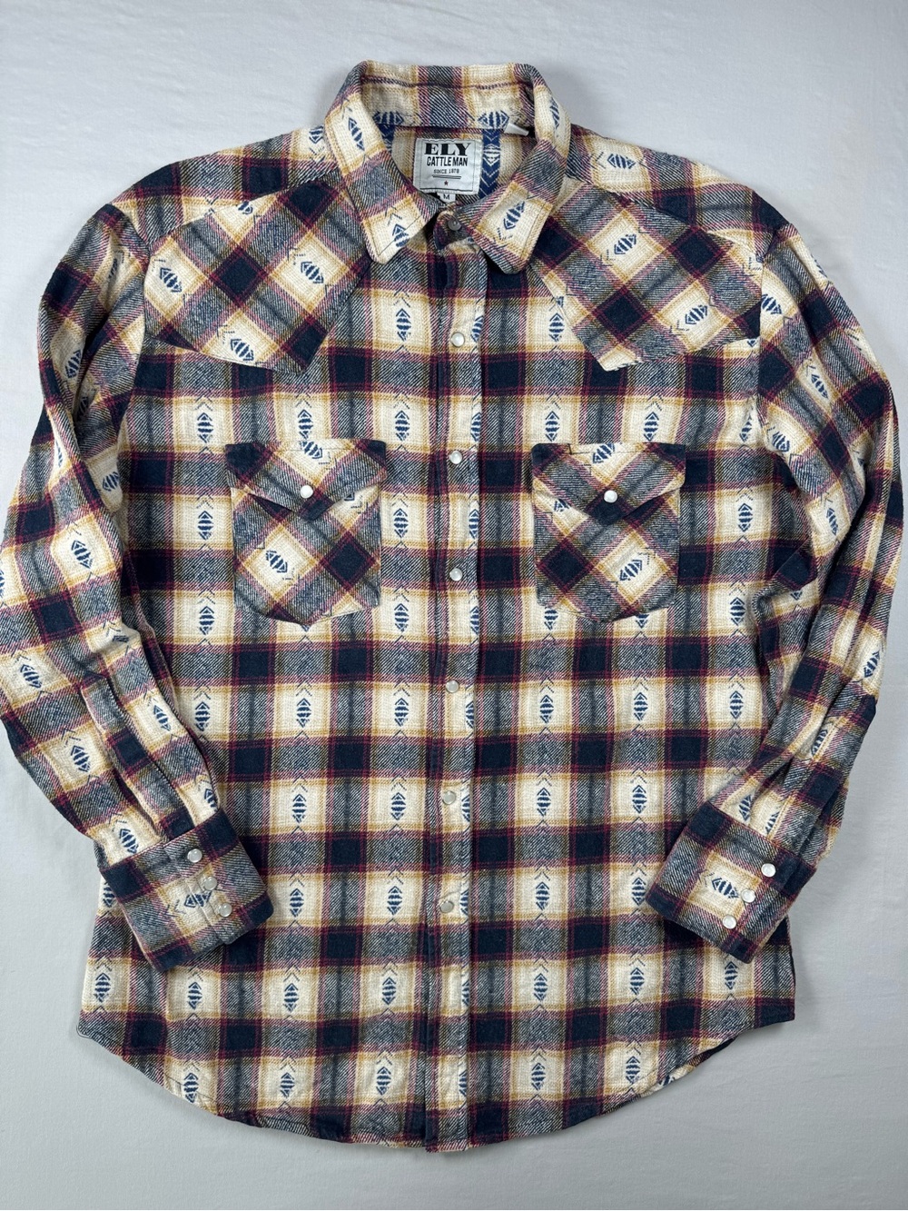 ELY Cattleman Western Pearl‎ Snap Plaid Flannel Shirt Mens M